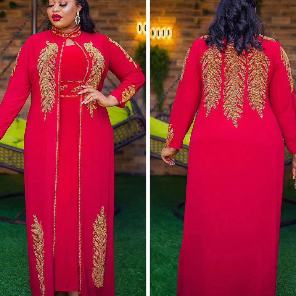 African Elegant Dress 2-piece Set Front And Rear Rhinestone Stand Collar Long Sleeve Dress