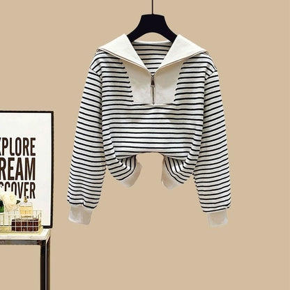 Sports Suit Spring Striped Sailor Collar Zipper Sweater