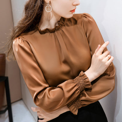 Flared sleeve slip satin ruffle bottoming shirt