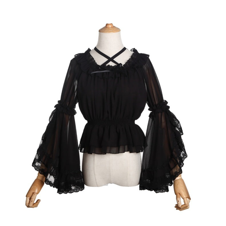 Blusa de gasa dulce para mujer Top Lolita con cuello cruzado y manga acampanada para verano