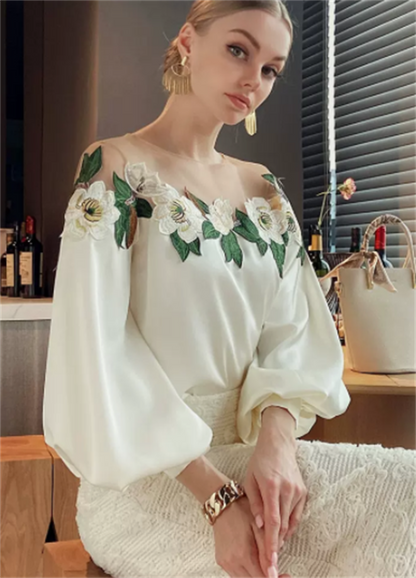 Celebrity Style Heavy Industry Mesh Stitching Satin Embroidered Women's Shirt