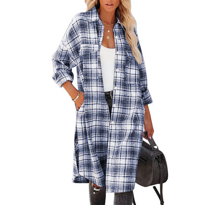 Women's Printed Checks Mid-length Shirt Coat