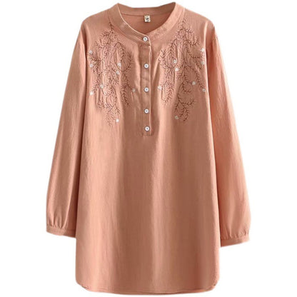 Loose Long-sleeved Stand-collar Ethnic Embroidery Shirt Women's Clothing