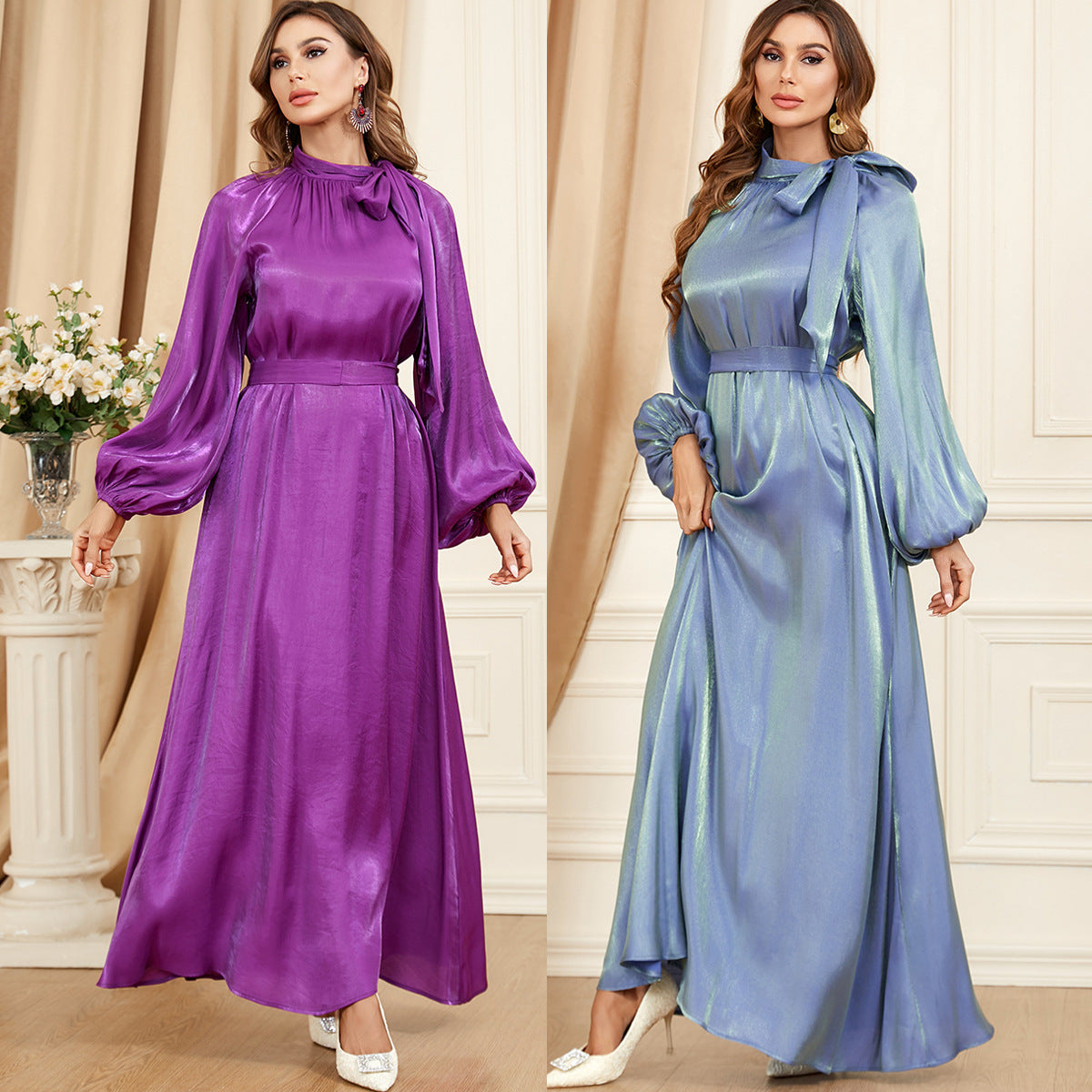 Robe à lacets de couleur unie à manches longues de style européen et américain