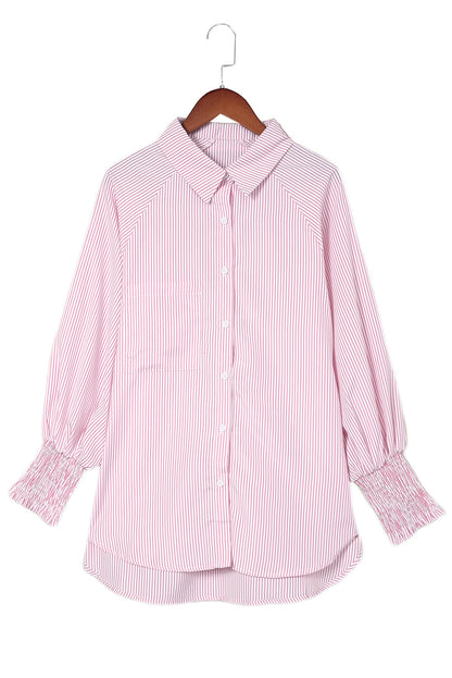 Black Striped Casual Shirred Cuffs Shirt