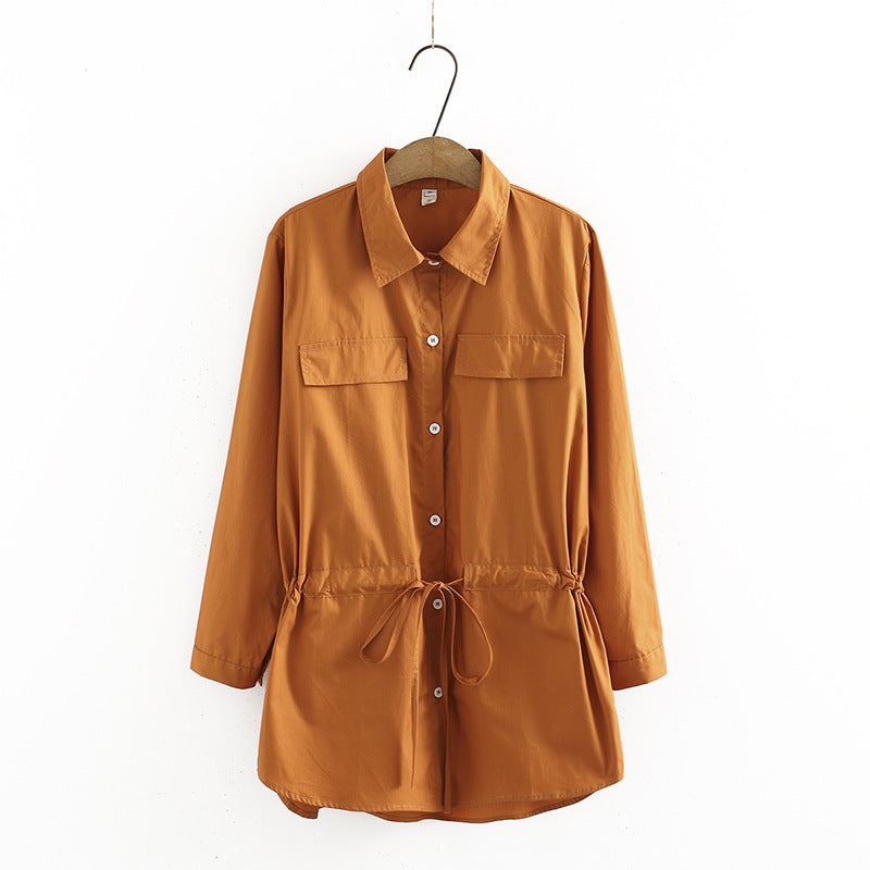 Mid-length Drawstring Waist Shirt Jacket Shirt Cardigan