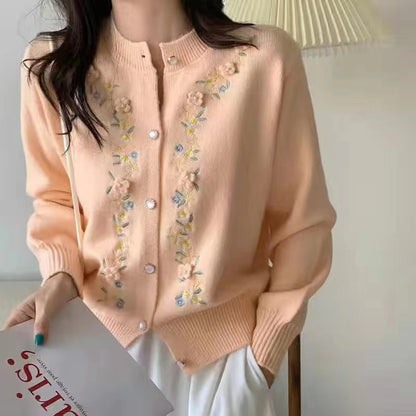 Embroidered Three-dimensional Flower Knitted Cardigan Women's Sweater Coat