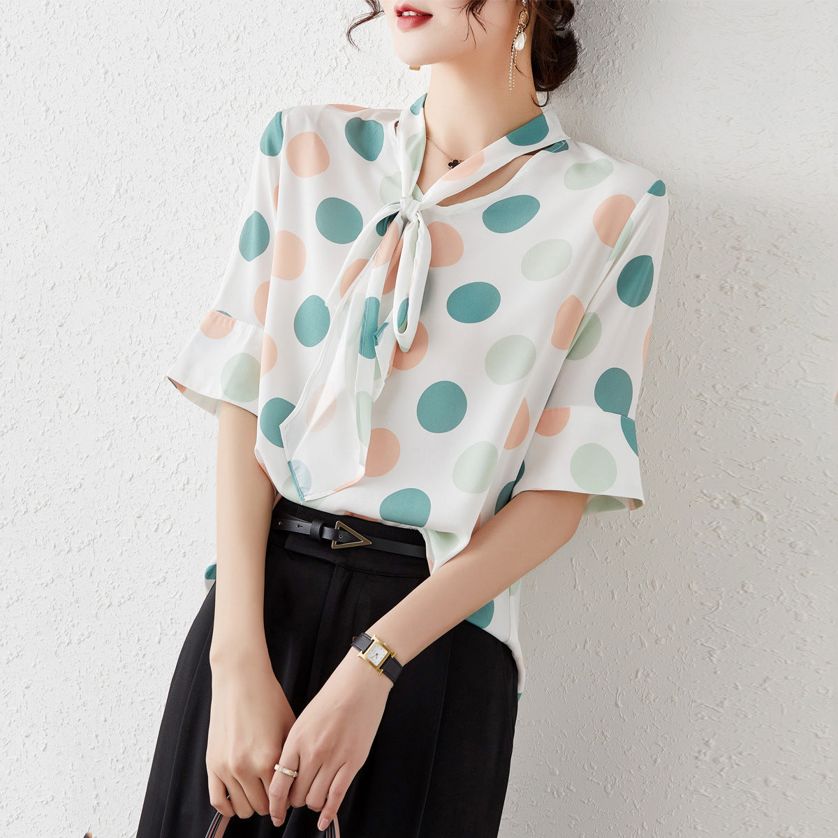 Short-sleeved Shirt Women Chiffon Shirt Large Size Trumpet Sleeve Ladies Shirt