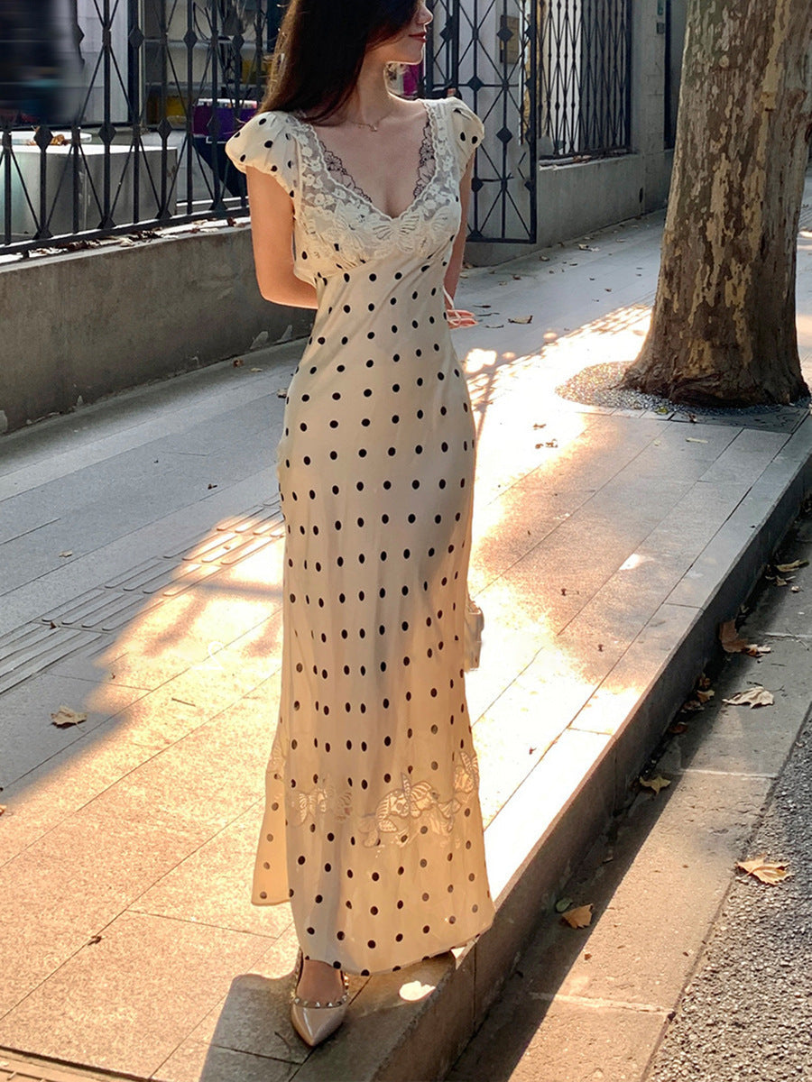 Vestido de lunares con cuello en V de encaje Mujer