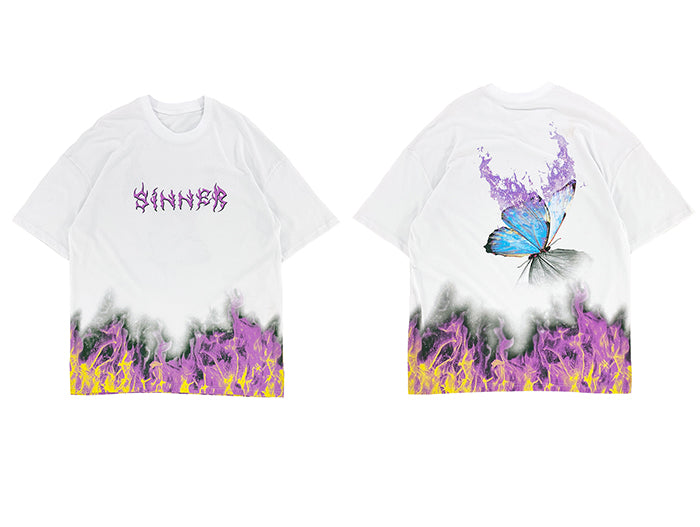 Mid-length butterfly print short sleeve