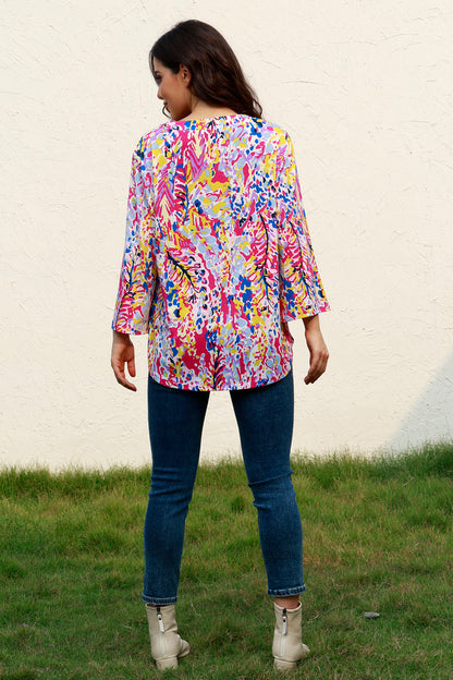 Plus Size Printed Notched Long Sleeve Blouse