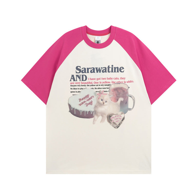 Mode nationale amusante et mignonne impression de chat doux manches courtes Raglan