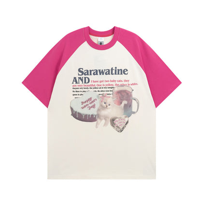 Mode nationale amusante et mignonne impression de chat doux manches courtes Raglan