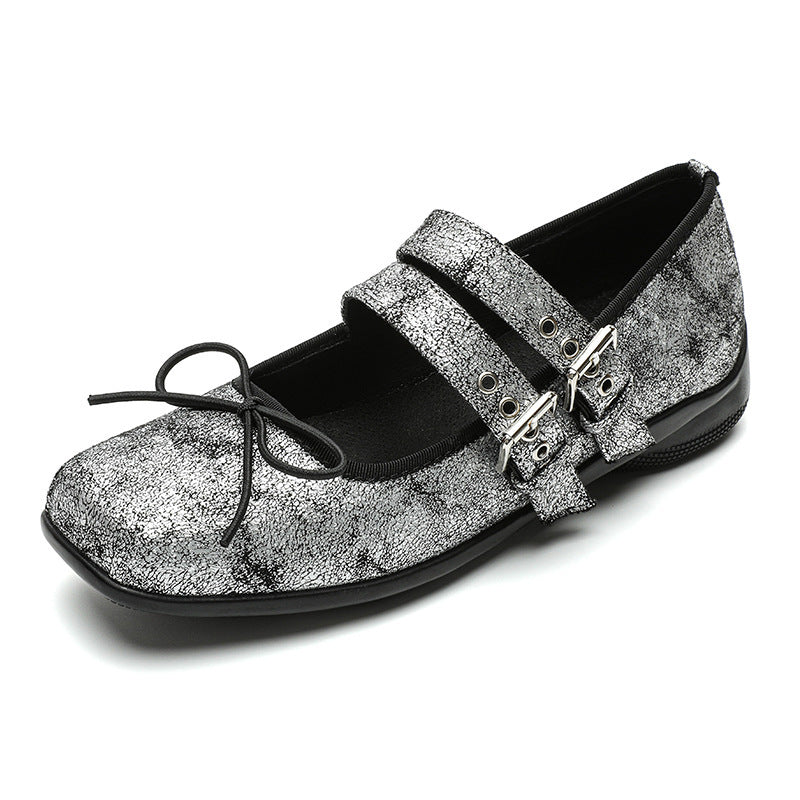 Women's Genuine Leather Silver Mary Jane Shoes Square Toe Vintage Flat Shoes