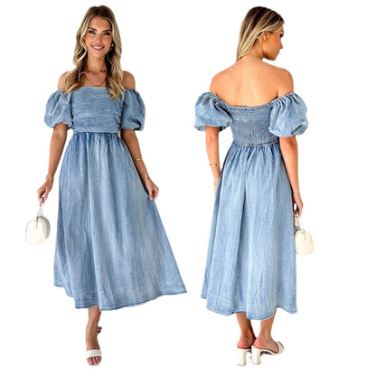 Puff Sleeve Waist-tight Denim Long Dress