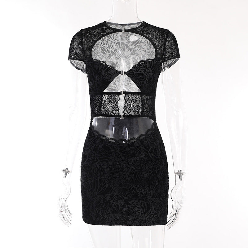 Fashion Flocking Lace Hollow Dress