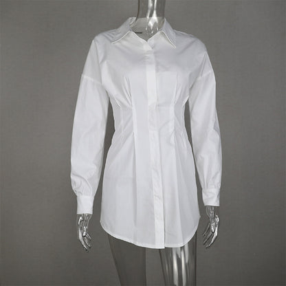 Pleated waist cotton long-sleeved shirt