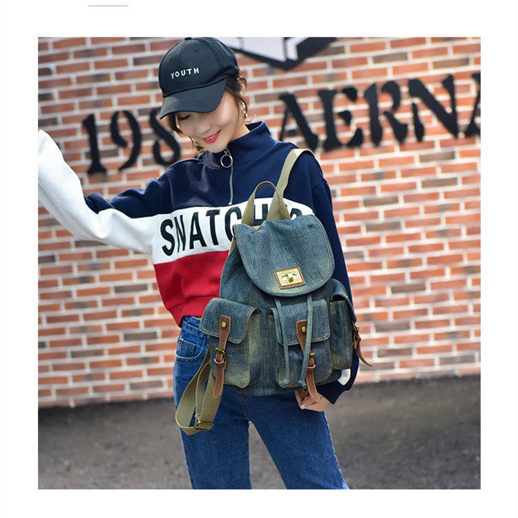 Backpack Retro Denim Backpack Female Drawstring Drawstring Pocket