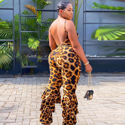 Oversized Women's Jumpsuit With Back V-neck Sexy Leopard Print Suspenders