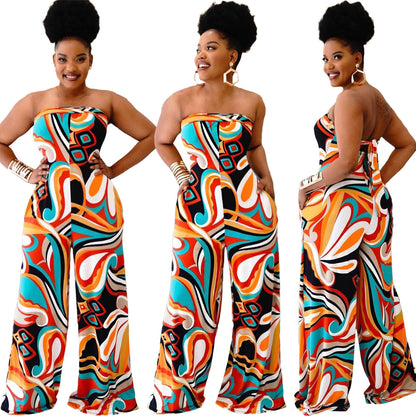 Women's Tube Top Halter Printed Jumpsuit Wide-leg Pants Plus Size Women's Clothing