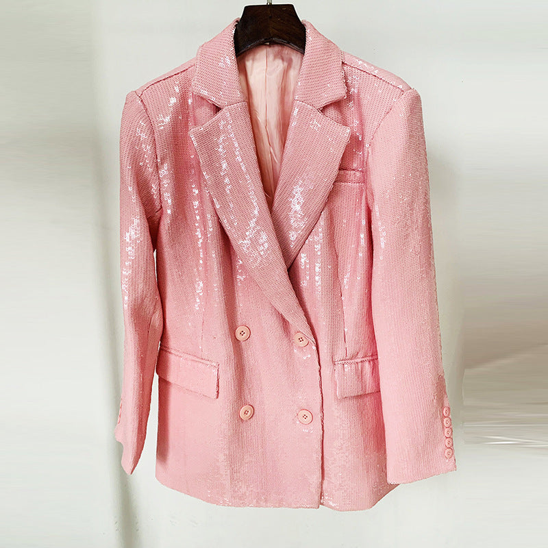 Blazer de lentejuelas rosa con raíz de loto suelta y doble botonadura de moda para mujer