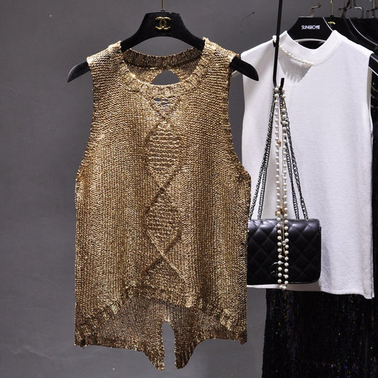 Hollow-out Crew Neck Split Sequin Sling Vest Sleeveless Top