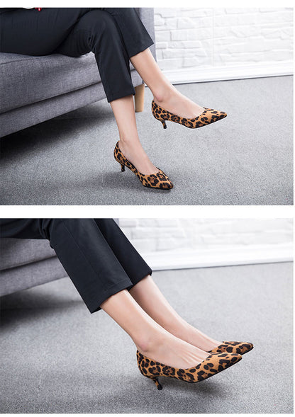 Tacones altos puntiagudos de leopardo de gamuza estilo coreano para mujer, primavera y verano