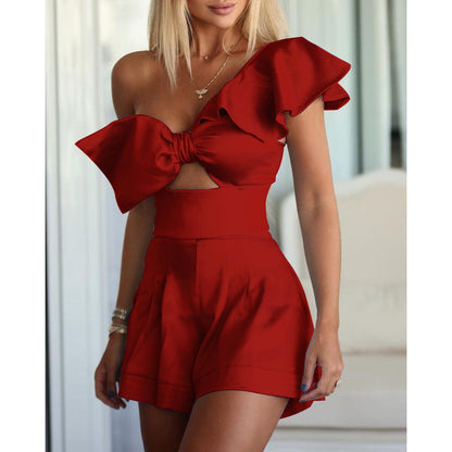 One-shoulder Bow Ruffled One-piece Shorts