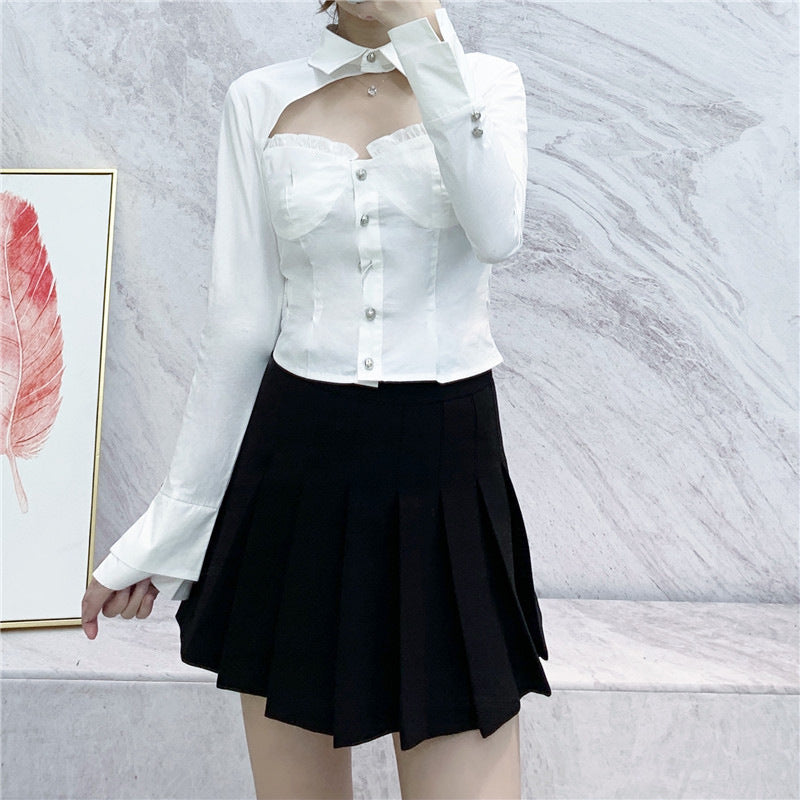 Women's Fashion Top White Ruffled Hollowed-out Shirt