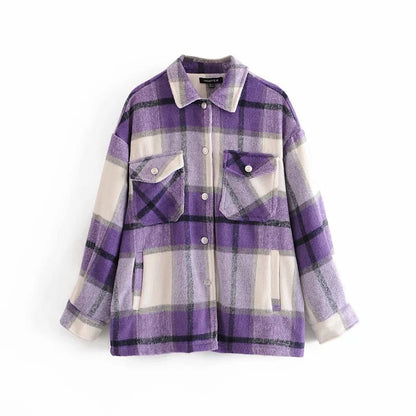 Lazy style lapel classic plaid tweed loose shirt jacket