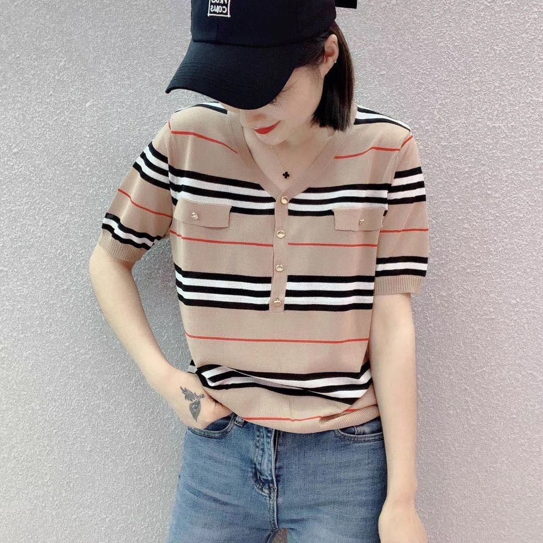 Fake Pocket Striped Ice Silk Sweater Women Short Sleeves