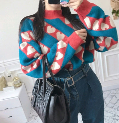 Loose Rabbit Fur Loose Color Block Half Turtleneck Sweater