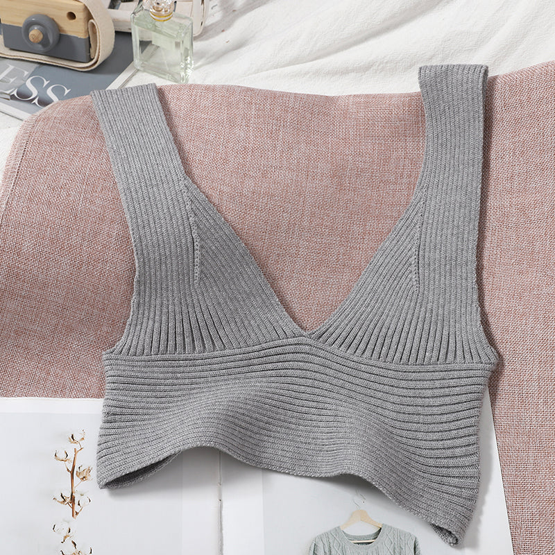 Winter Clothes Look Thin and Versatile In The Long Section Buttoned Lapel Puff Sleeve Shirt + V-Neck Knitted Vest Top Two-Piece Female