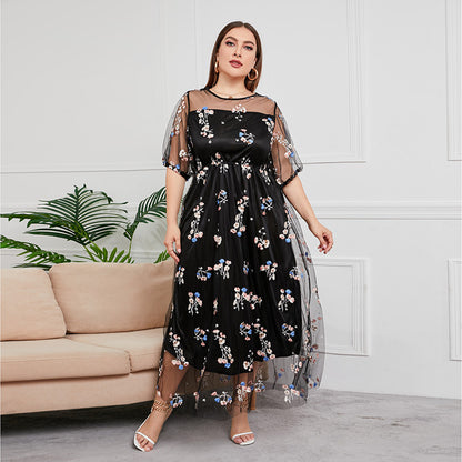 Plus Size Dress Evening Dress Women's Mesh Embroidered Midi Dress