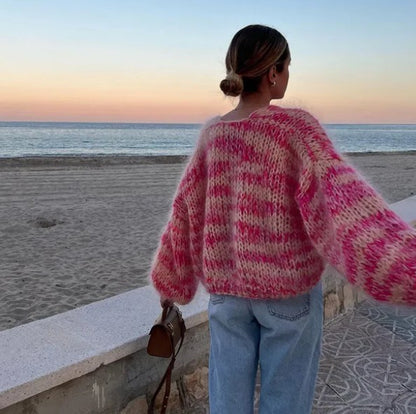 Striped Long Sleeve Rainbow Plaid Handmade Versatile Cardigan Sweater Sweater