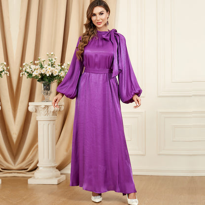 Lace-up Solid Color Long Sleeve European And American Style Dress