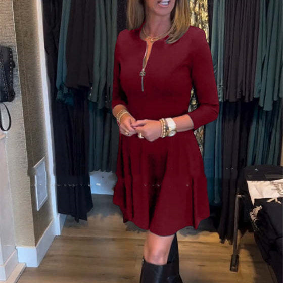 Women's Solid Color Slim Round Neck Long-sleeve Zipper Dress