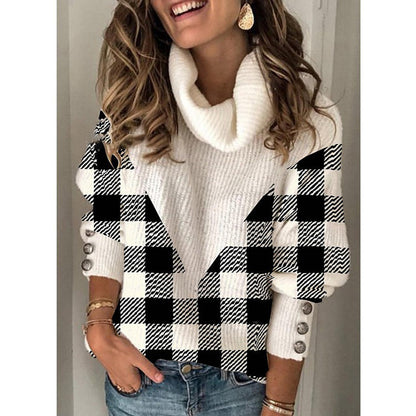 Ladies Plaid Lapel Knitted Fashion Casual Pullover Sweater