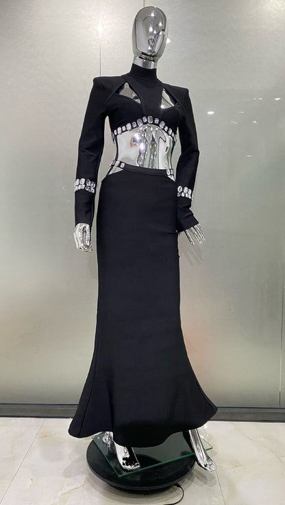 Robe de costume gaine longue avec ceinture et strass brillants