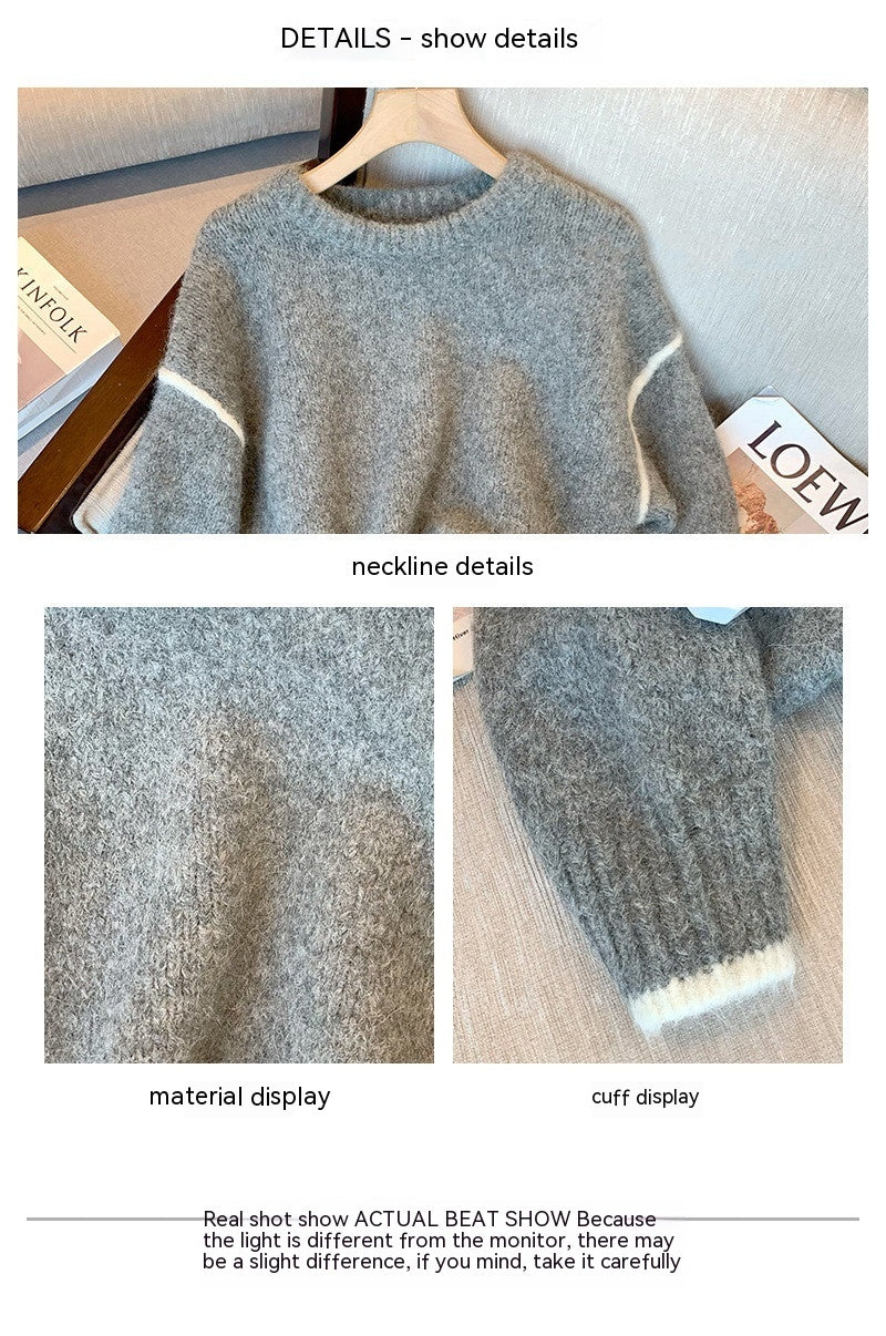 Pull gris à col rond pour femme, haut rétro décontracté, ample, de tempérament