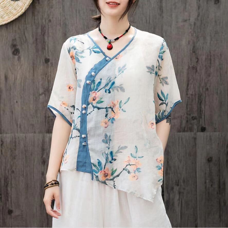 Bouton disque Hanfu rétro petite chemise grande taille Ramie ample