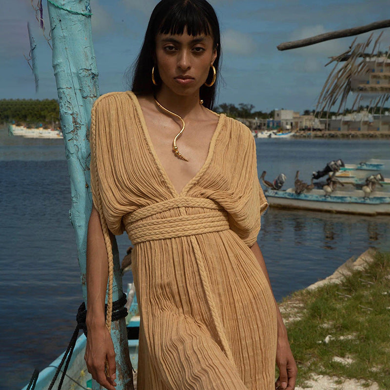 Vestido de playa suelto con hombros descubiertos y cuerda para mujer