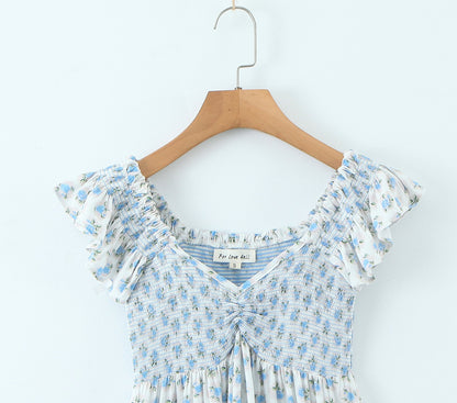 Robe ample élastique à petites fleurs bleues, Style vacances françaises