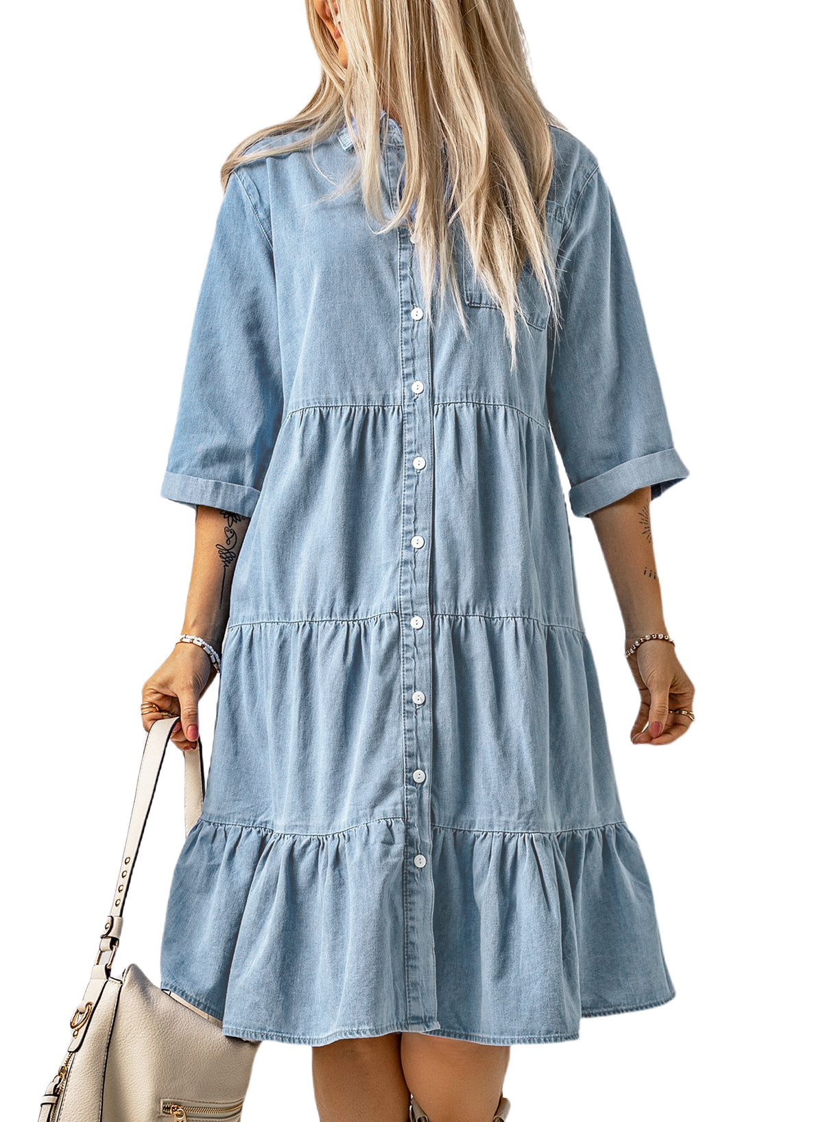 Robe midi boutonnée en denim à volants bleu ciel