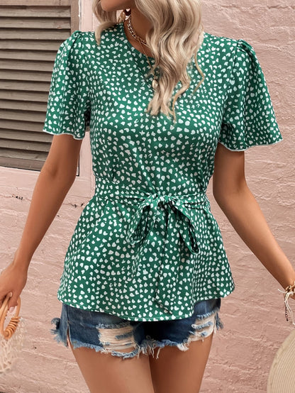 Heart Print Tie Belt Puff Sleeve Blouse