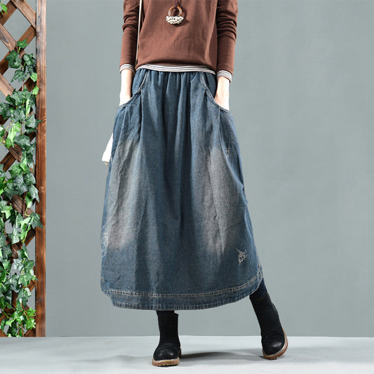 Retro Elastic Waist Washed Denim Skirt