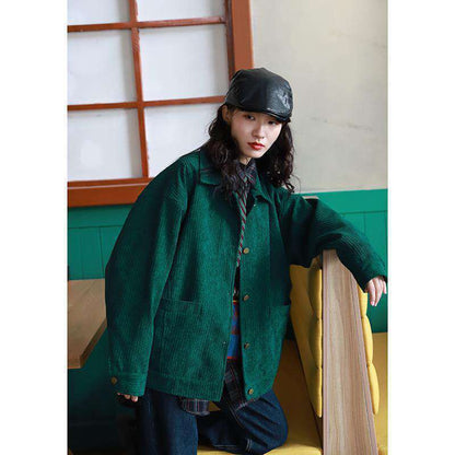 Retro Loose Wild Slim Straight Green Corduroy Jacket