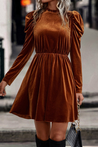 Chestnut Velvet Frilled Neck Gigot Sleeve Swing Dress