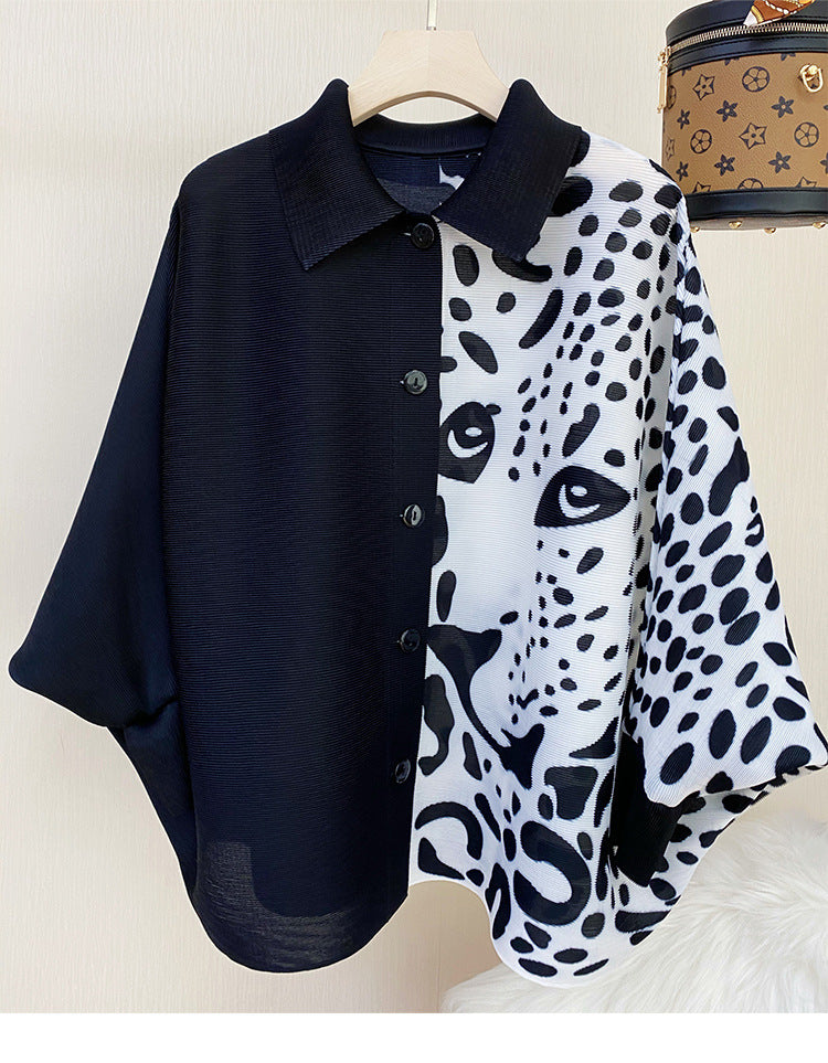 Pleated Coat Loose And Slim Plus Size Long-sleeved Leopard Print