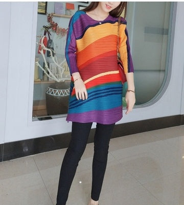 Korean Style Slim Top Plus Size Loose Rainbow Stripe